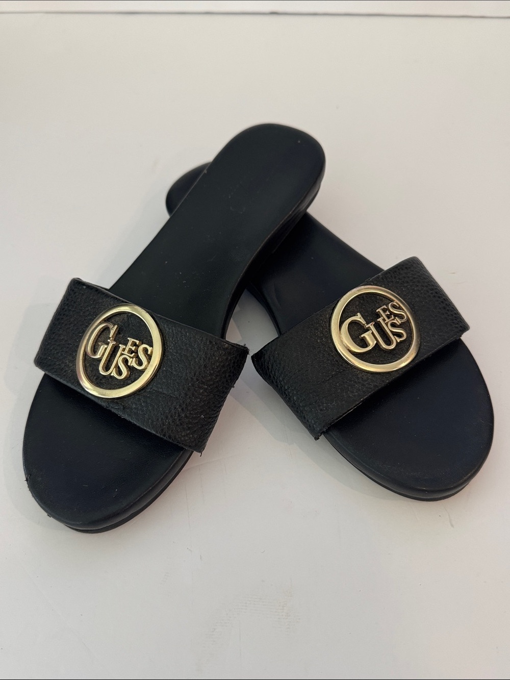 GUESS Jules Black Slide Sandals, Faux Leather with Gold Logo- size 5.5
